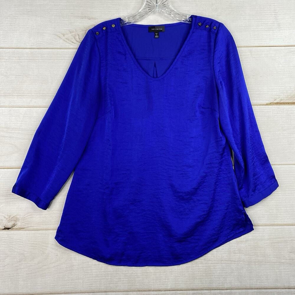 The Limited Womens Top Sz S Tall Blue Satin 3/4 Sleeve Pullover V Neck Pullover